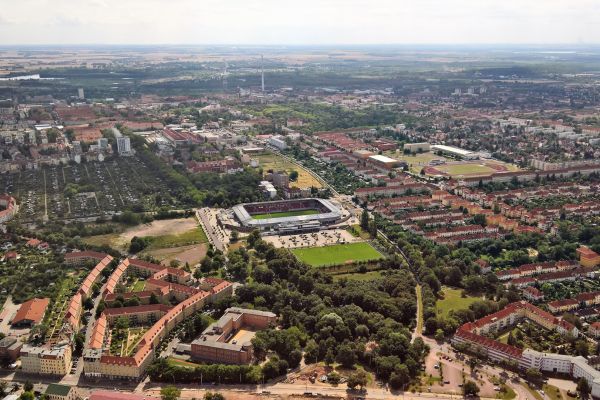 Aerial view of the HFC stadium and its surroundings in Halle.