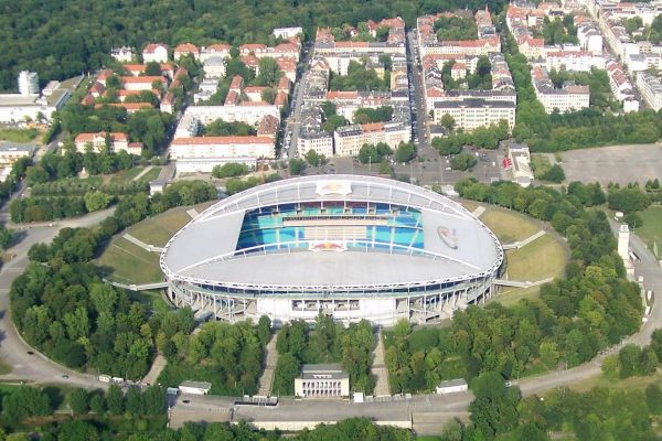 Aerial photo of the Red Bull Stadium in Leipzig.