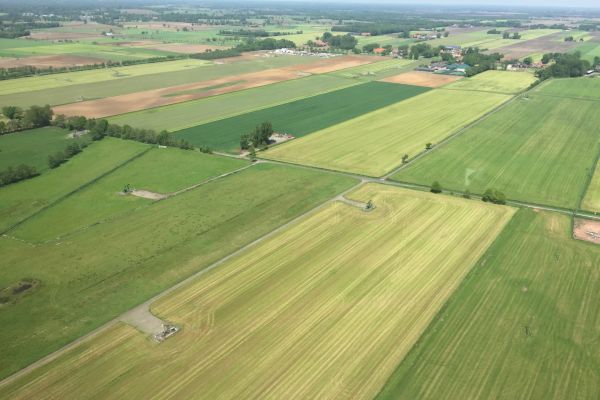 Eine Luftaufnahme von Feldern und Wiesen auf dem Land.