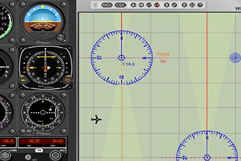 A computer screen shows a virtual airplane in the air.